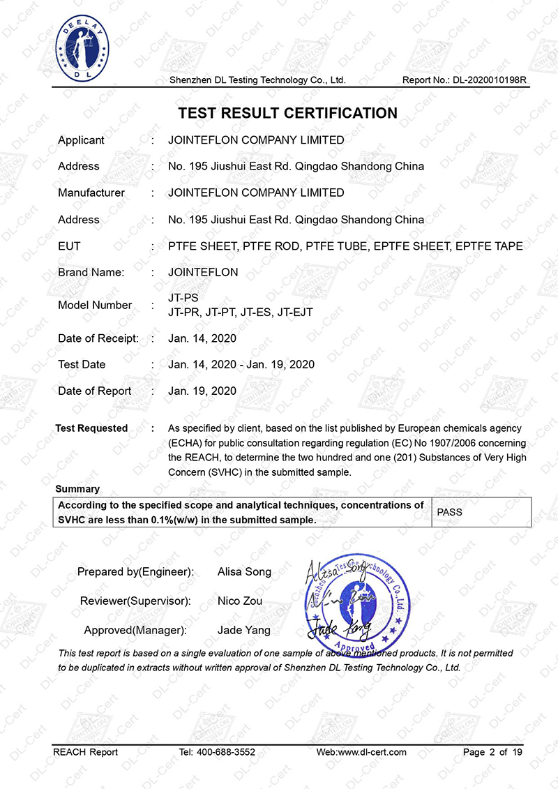 JOINTEFLON REACH TEST REPORT